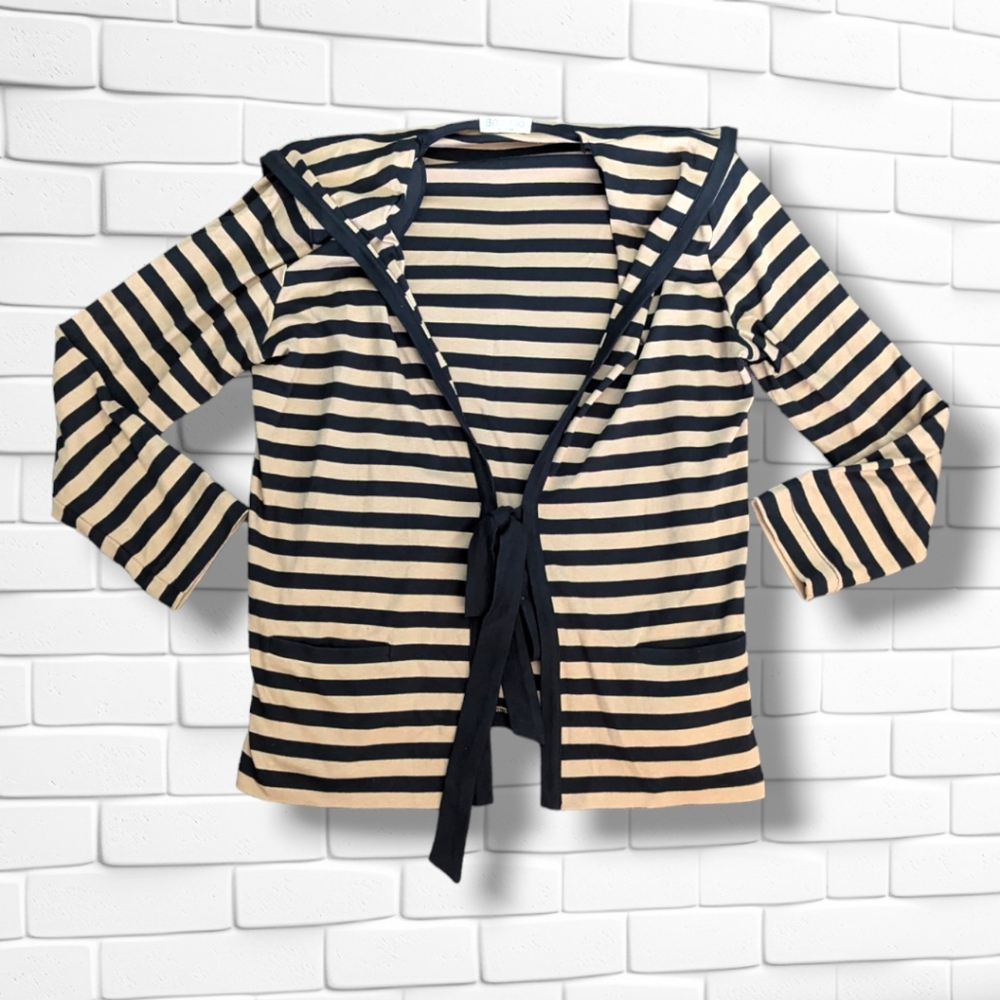 Nautical Striped Black & Tan Cotton Tie Front Cardigan Jacket Shirt